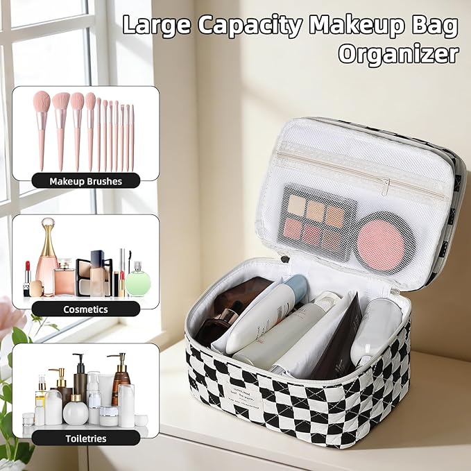 Gosect Makeup Bag, Portable Travel Make up Bag, Large Capacity Quilted Cosmetic Organizer Bag, Cute Floral Toiletry Bag for Women Girls
