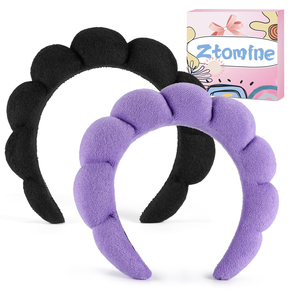 Ztomine Terry Cloth Spa Headbands for Washing Face or Facial, Set of 2, Black & Purple - Puffy Makeup Headbands for Face Washing, Mask, Skin Treatment