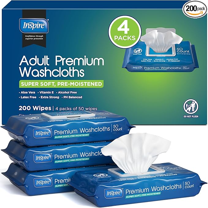 Inspire Adult Wet Wipes, Wash Cloths | Adult Wipes for Incontinence & Cleansing for Elderly, 8"x12" (500CT (10 PACKS OF 50))