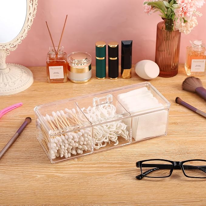 Sohalejr Qtip Holder Transparent 3 Compartments Cotton Ball and Swab Holder Organizer with Lid,Jar for Cotton Rounds,Bathroom Containers,Clear Acrylic Desk Organizer for Makeup Pads,Cosmetics Bedroom
