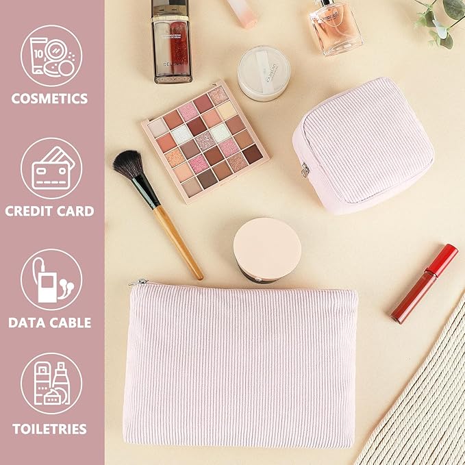 Fammart Corduroy Makeup Bag, Travel Cosmetic Bag Organizer Toiletry Bag Make Up Bags with Zipper & Compartments for Women Girls, 2PCS