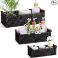Boao 3 Pcs Boho Storage Wicker Baskets Handmade Woven Decorative Paper Rope Baskets for Organizing with Handle Countertop Toilet Paper Storage Container for Toilet Tank Top(Black,Rectangle)