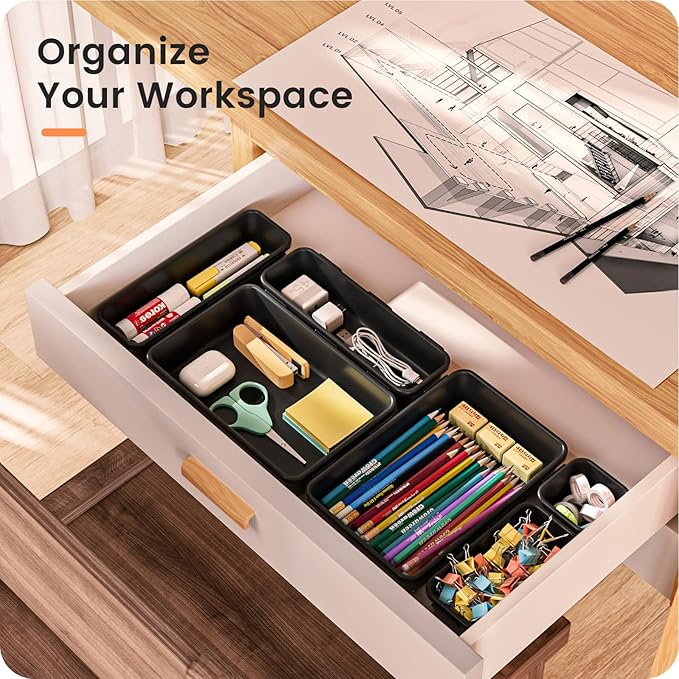 A-LuGei 【Military Grade】 Drawer Organizer,【𝟱𝗦𝗶𝘇𝗲】 Makeup organizer,【Holds 177 Items】 Bathroom Organizers and Storage,Organization and Storage,Desk Drawer Organizer for Vanity【Black】