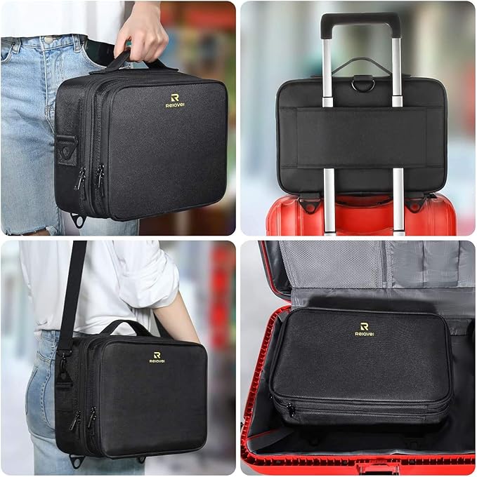 Relavel Makeup Bag Train Case for Women Travel Cosmetic Organizer with Adjustable Dividers and Brush Compartment, Large Storage Box for Cosmetics, Toiletries, Nail Polish, Jewelry, Electronic (Black)