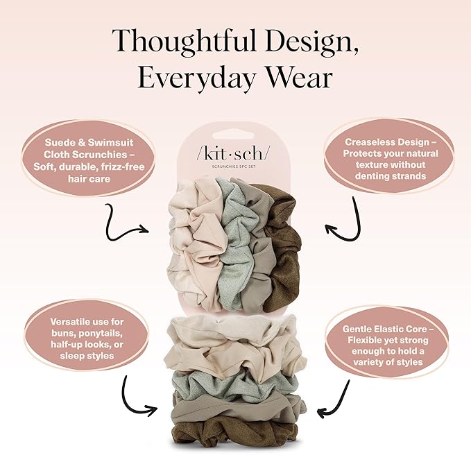 Kitsch Scrunchies for Women - No Crease Hair Ties for Girls | Scrunchies For All Hair Types and Textures, Perfect for Day or Night - Moss Green, 5 Pcs