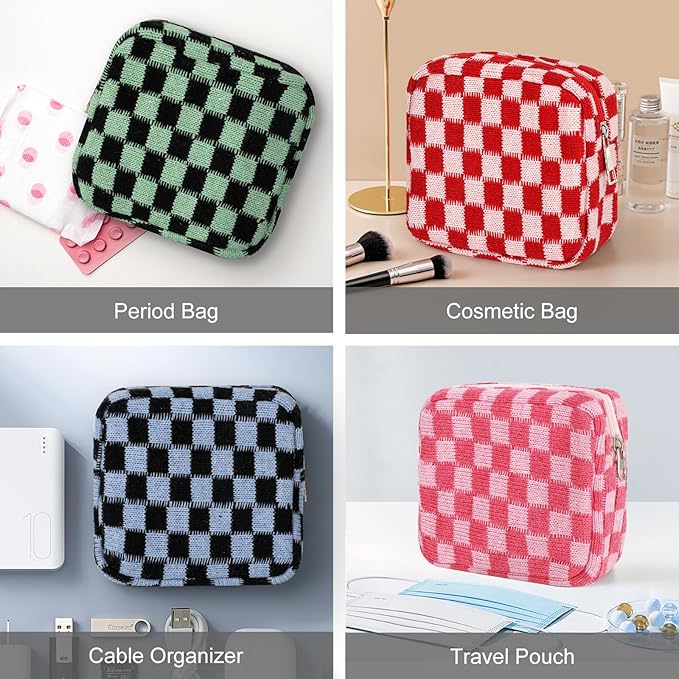 CekPo Sanitary Napkin Storage Bag, Menstrual Pad Zipper Bag Checkered Portable Period Bag Panty Liners, Tampon Storage Pouch for Women Ladies Daily Use Storage Purse Travel