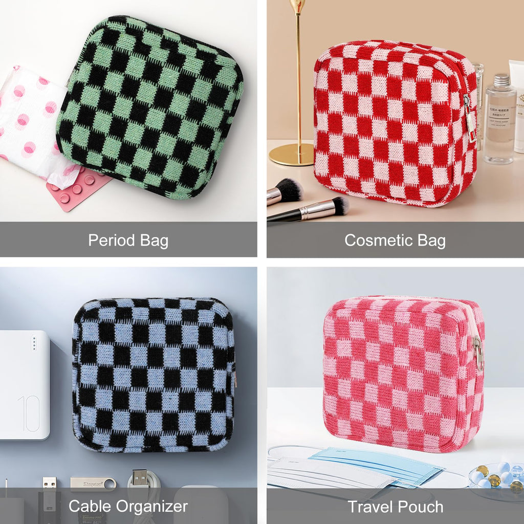 CekPo Sanitary Napkin Storage Bag, Menstrual Pad Zipper Bag Checkered Portable Period Bag Panty Liners, Tampon Storage Pouch for Women Ladies Daily Use Storage Purse Travel