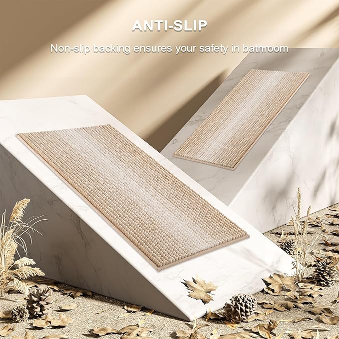 BSICPRO Bathroom Rugs and Mats Sets, 2 Piece Thick Absorbent Chenille Bath Mat Rug Set Non Slip, Soft Shaggy Bath Room Floor Mats for Bathroom, Machine Washable (Beige, 20" x 60" Plus 20" x 32")