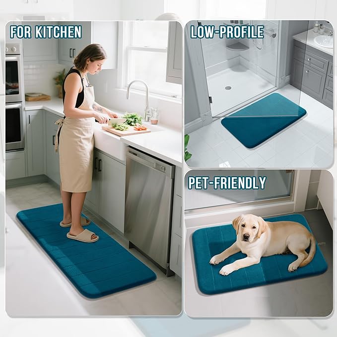Yimobra Memory Foam Bathroom Rugs Sets 2 Piece - Super Soft Absorbent Quick Dry Bath Mat Set, Machine Washable Non Slip Floor Carpet for Tub Shower & Single Sink (17x24 & 31.5x20 Inch, Peacock Blue)