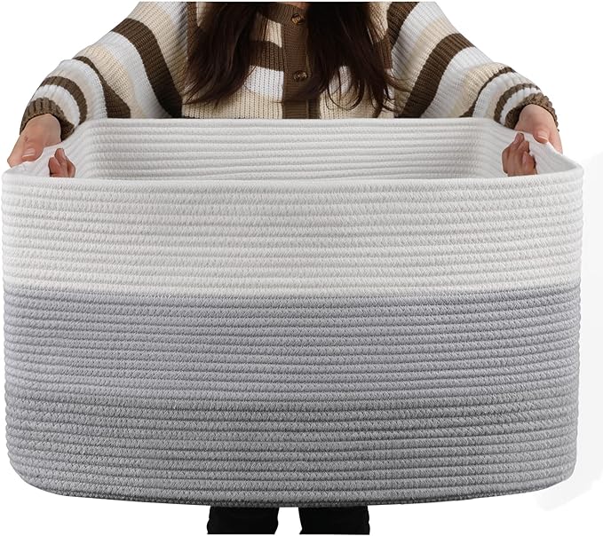 OIAHOMY Large Blanket Basket, 22”x17”x12” Rectangle Woven Baskets, Nursery Blanket Storage Living Room, Toy Storage With Handle, Large Baskets for Organizing-Gradient Grey