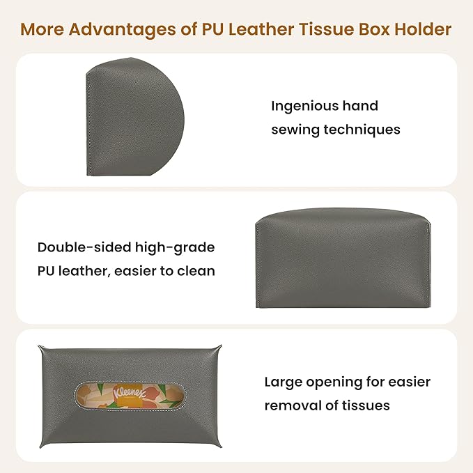 Long Tissue Box Cover, PU Leather Tissue Holder Rectangle, Facial Paper Organizer, Modern Dispenser for Bathroom, Kitchen, Home, Office, Tabletop (1, Grey, Tall)