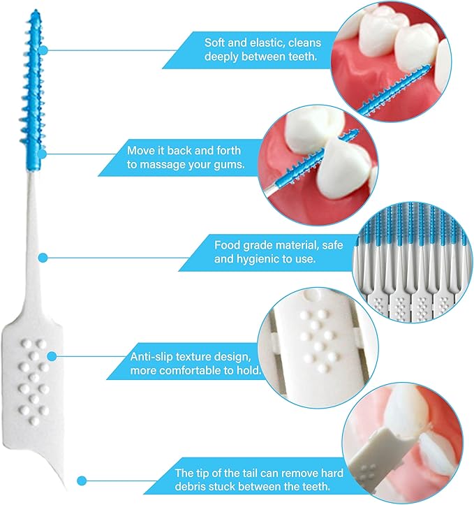 WQINX Dental Floss Picks Soft Silicone interdental Brush, Braces Brush, Floss Picks for Teeth, Disposable interdental Brush, Suitable for Cleaning Teeth Health (Blue, 160pcs)
