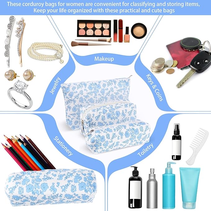 Huhumy 3 Pcs Makeup Bag Set for Women Corduroy Cosmetic Pouch Aesthetic Smile Travel Toiletry Bag Cute Purse Pouch Pencil Case Makeup Brushes Storage Organizer with Zipper (Blue,Floral)