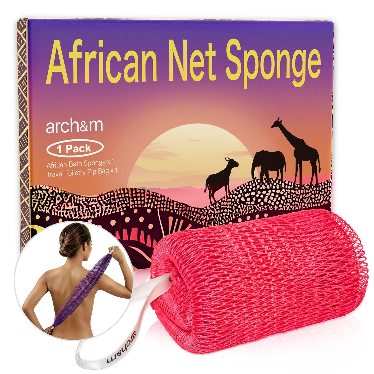 ARCH&M African Net Sponge Authentic with Knots, 2 Pack 53" Extra-Long
