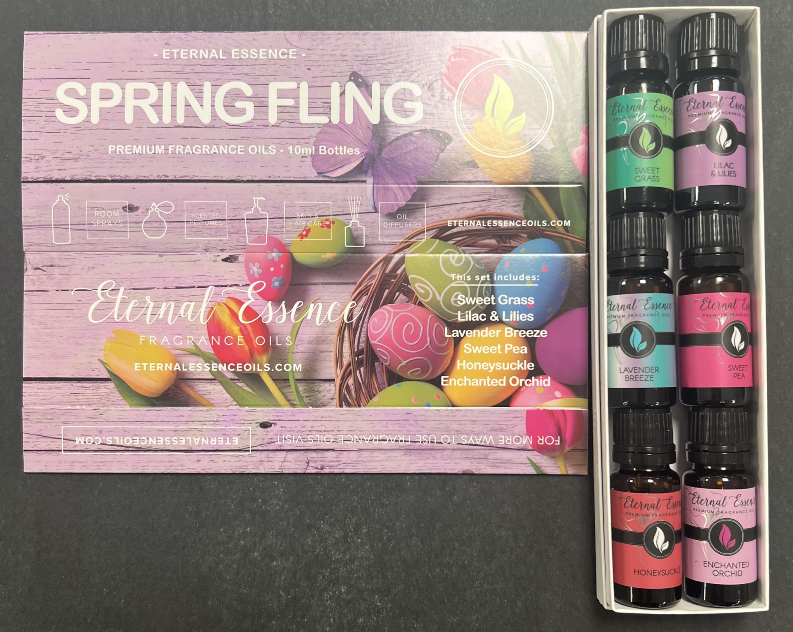 Eternal Essence Oils Spring Fling Set of 6 Premium Fragrance Oils - Includes Sweet Grass, Lilac & Lilies, Lavender Breeze, Sweet Pea, Honeysuckle and Enchanted Orchid Scented Oils - 10ML