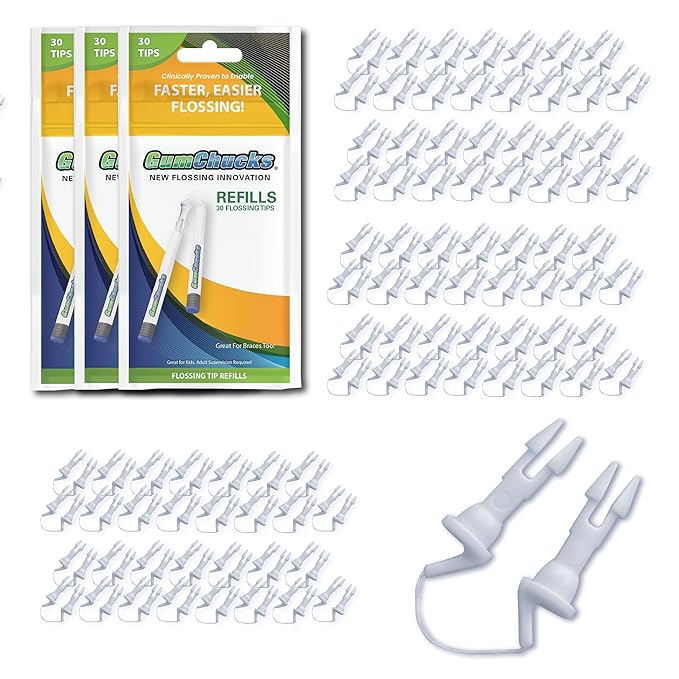 GumChucks Refill Tips - Floss Picks for Braces & Tight Teeth – Reusable Dual Handle Flosser – No Hands in Mouth - Easy for Kids, Adults & Seniors (90 Tips)