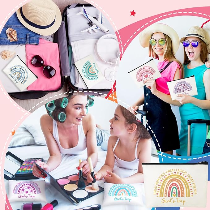 Sweetude 12 Pcs Girls Trip Makeup Bags Bulk Girls Weekend Gifts Rainbow Makeup Bag Portable Travel Cosmetic Bags with Zipper Bachelorette Travel Storage Pouch for Women Friendship Bestie Party Favors
