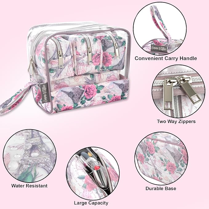 Emma & Chloe Travel Toiletry Bags for Women, 5 Piece Waterproof Cosmetic Case, Bag, Pouch Makeup Organizer Set for Women, Home Counters (Paris Rose Postcards)