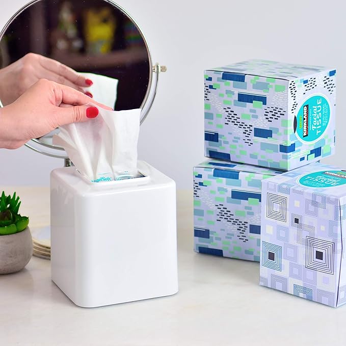 Youngever 2 Pack Tissue Box Covers, Plastic Square Tissue Box Holders, Square Napkin Box Holders (White)