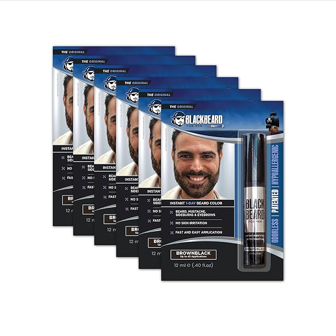 Blackbeard for Men Beard Color – 1-Day Beard, Mustache, Eyebrow, Sideburns Color – Temporary Facial Hair Tint - Hypoallergenic Beard Dye Alternative – Up to 45 applications – Brown/Black, 6 Pack