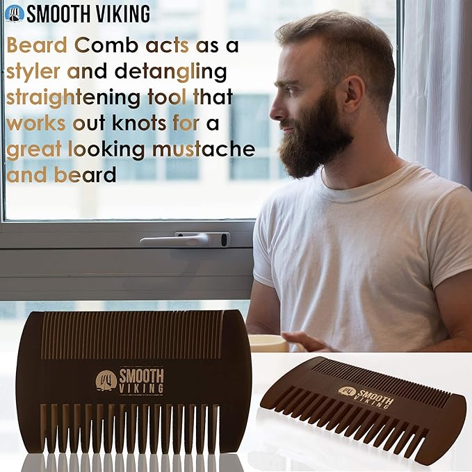 Smooth Viking Beard Brush for Men & Beard Comb Set - Beard Kit for Men with Natural Boar Bristle Barber Brush & Wooden Comb, Facial Hair Grooming & Shaping Tool Gift Set for Hair Products - Brown