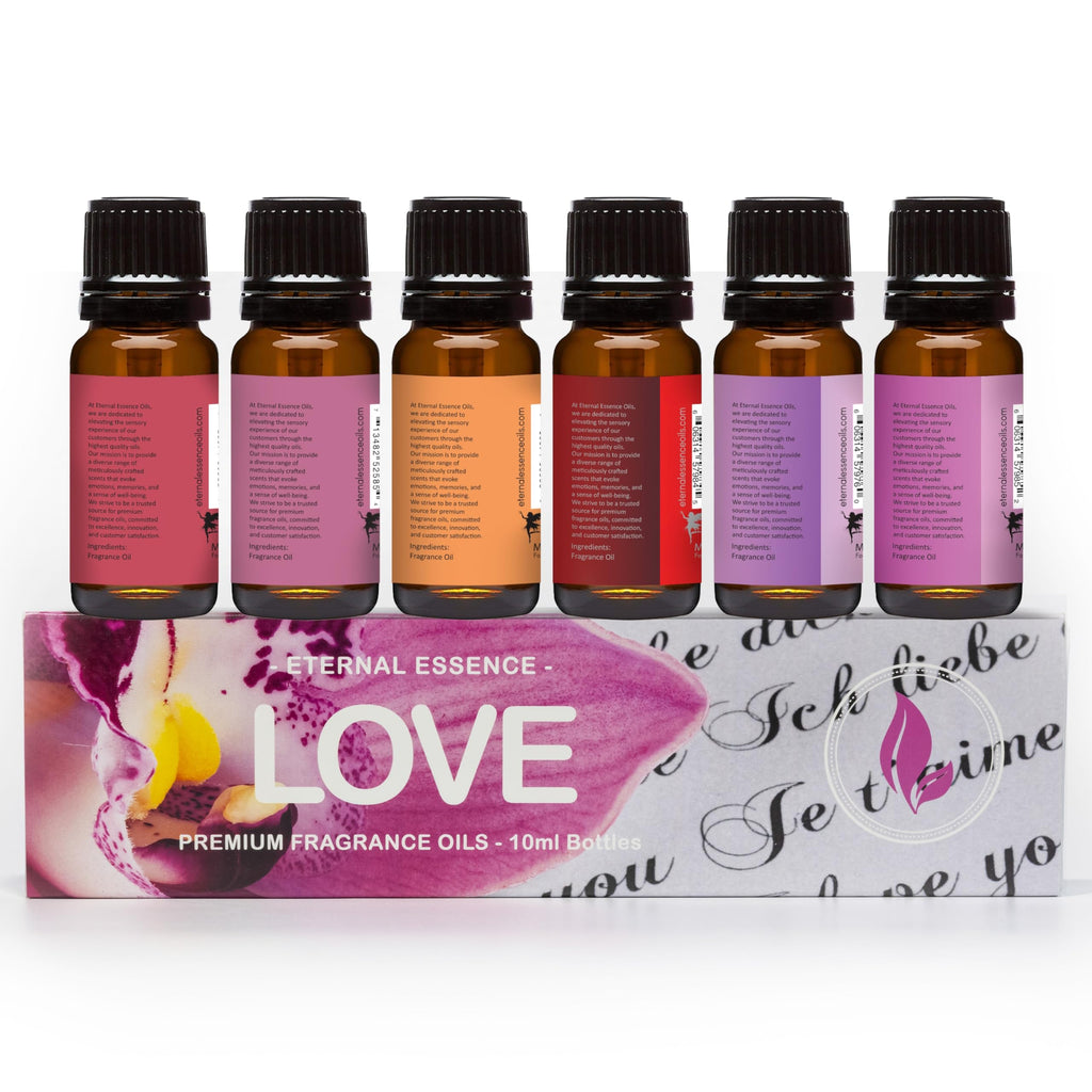 Eternal Essence Oils Love Set of 6 Premium Fragrance Oils - Rose, PS I Love You, Amber Romance, Secret Crush, Forever Yours and Sugar Kiss - for Diffusers, Candle & Soap Making, & Aromatherapy - 10ML
