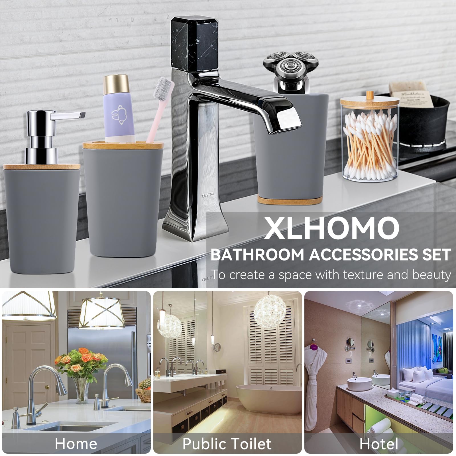 Grey Bathroom Accessories Set with Trash Can 9 Piece Grey Bathroom Decor Toothbrush Holder,Toothbrush Cup,Lotion Soap Dispenser,Vanity Tray,Soap Dish,Toilet Brush,Qtip Holder