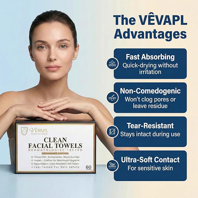 VÊVAPL® - VEVAPL Clean Facial Towels XL – 60 Towels | 100% Viscose, Disposable Face Towel, Dermatologist Tested, Ultra Soft, Ultra Thick 90GSM for Skincare, Makeup Removal & Daily Cleansing