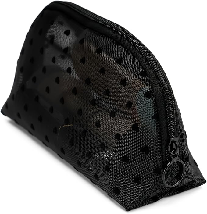 TOPASION Portable Mesh Makeup Bag with Zipper Small Travel Toiletry Bag Lightweight Cosmetic Pouch (Black&Black Heart Half Round)