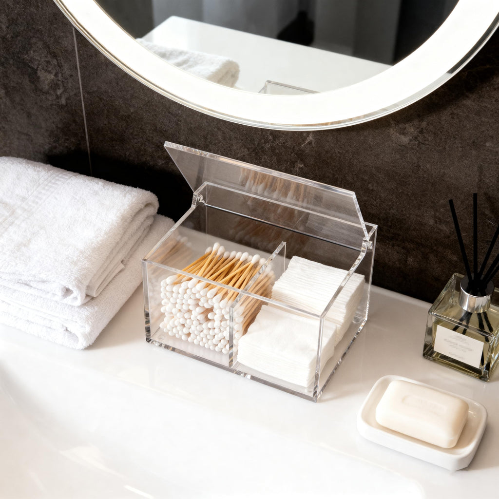 Dealpoli Clear Acrylic Cotton Swab Ball Holder Qtip Organizer with Lid 2-Grid Canister for Make Up Pads, Floss Picks, Vanity Storage,Bath Salts, Cosmetics, Home Bathroom Decor (DP004)