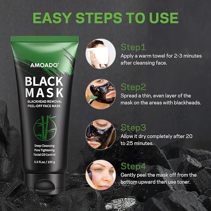 Blackhead Remover Mask, Charcoal Peel Off Face Mask Kit, (100g) Deep Pore Cleans,Oil Control, Blackheads Peel Off Black Mask for Men & Women – Includes Brush,Extractor Tool