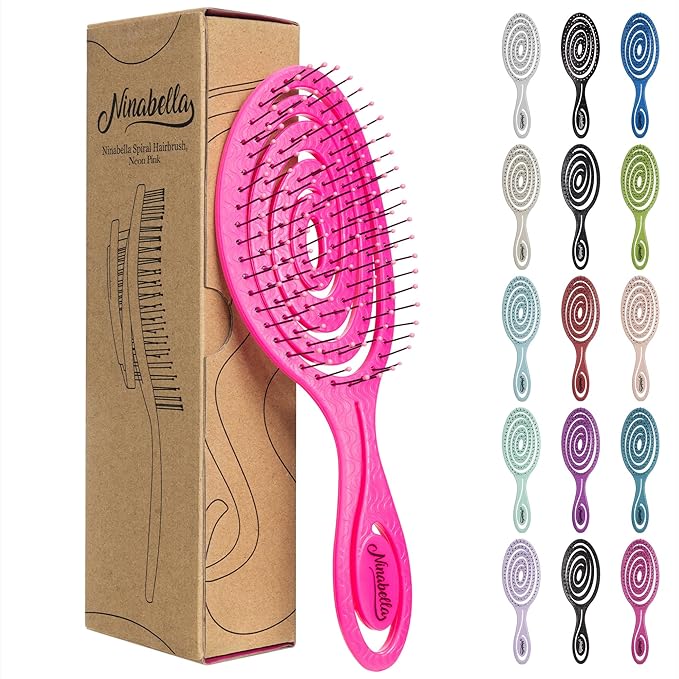 Ninabella Spiral Hairbrush - Detangle Hair Brush - For Brushing Wet or Blow Dry Hair - Detangler Vent Brush - - Neon Pink