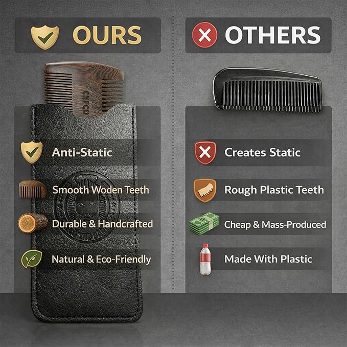 Sandalwood Beard Comb with Protective Case - Anti-Static Dual Action Fine & Coarse Teeth - Pocket Size Beard Grooming Tool for Men