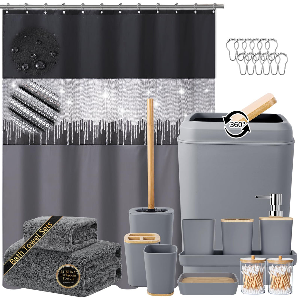 Bathroom Accessory Set – Bathroom Set with Glitter Shower Curtain, Towel Set,24 Piece Grey Shower Curtain, Bathroom Accessories Set with Shower Curtain Set for Home Decor