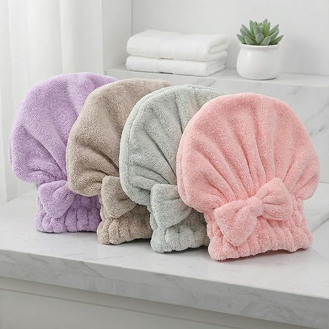 Microfiber Hair Drying Cap, Quick Dry Hair Towel Wrap, Super Absorbent Hair Turban with Bow Design, Soft Shower Head Wrap for Women,Cute Bow Hair Towel Girls Hair Towel ，Anti frizz ，Travel 4pcs