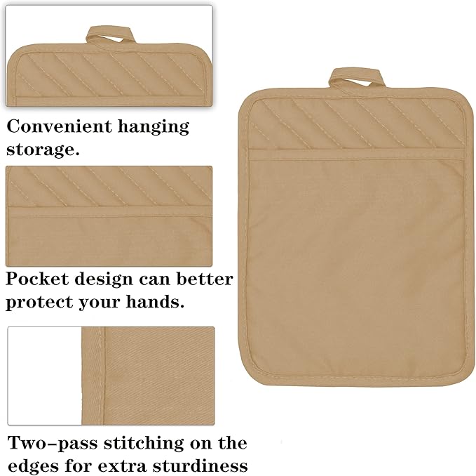 VEIKERY Oven Pot Holder with Pocket Cotton Heat Resistant Coaster Potholder Kitchen Hot Pad Oven Mitts for Cooking Square 7"x9"Set of 5 (Khaki)