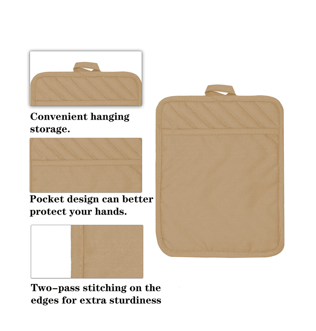 VEIKERY Oven Pot Holder with Pocket Cotton Heat Resistant Coaster Potholder Kitchen Hot Pad Oven Mitts for Cooking Square 7"x9"Set of 5 (Khaki)