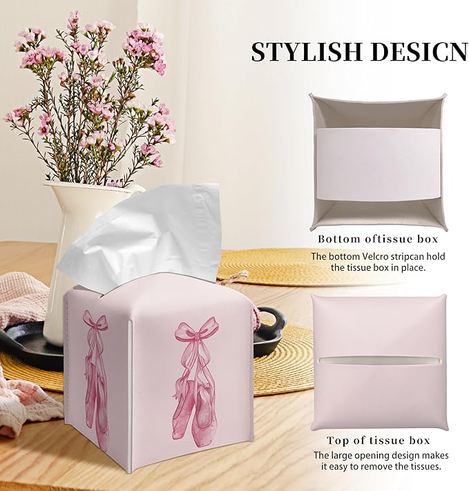 Grace Yonks Cute Pink Ballet Shoes Tissue Box Cover Square, Cube Case for Facial Tissues, 5.2" PU Leather(074)