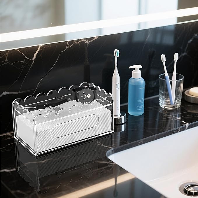 LUGUNU Acrylic Tissue Box Holder, Clear Rectangular Tissue Box Cover with Storage Tray, Modern Decorative Tissue Holder for Living Room, Bathroom and Office, 9.8x5x4.5 Inch