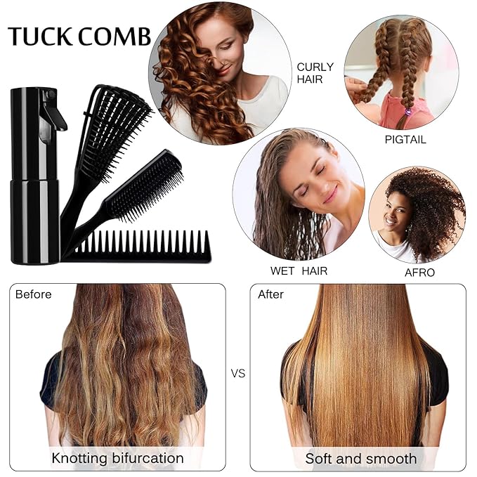 4pcs Curly Hair Brush Set for Adult & Kids Wet or Dry, Detangling Brush for 3/4ABC Hair with Detangler Spray Bottle & Wide Tooth Comb (3+1, Black)
