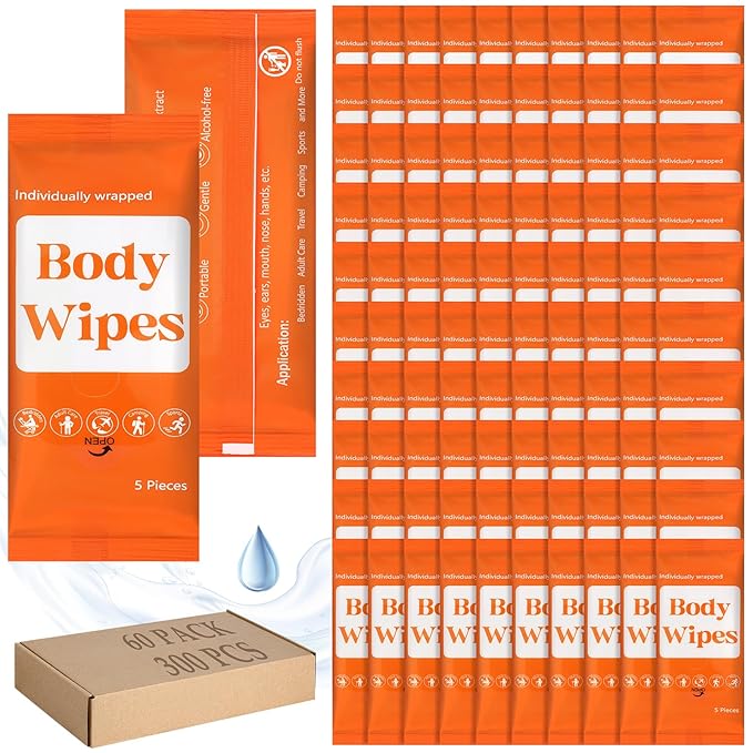 Threlaco 300 Pcs 60 Pack Body Wipes for Adults Bathing No Rinse Individually Wrapped Shower Wipes Washcloth with Aloe Cleansing Body Wash Cloths Disposable Bulk Deodorant Homeless(Orange Background)