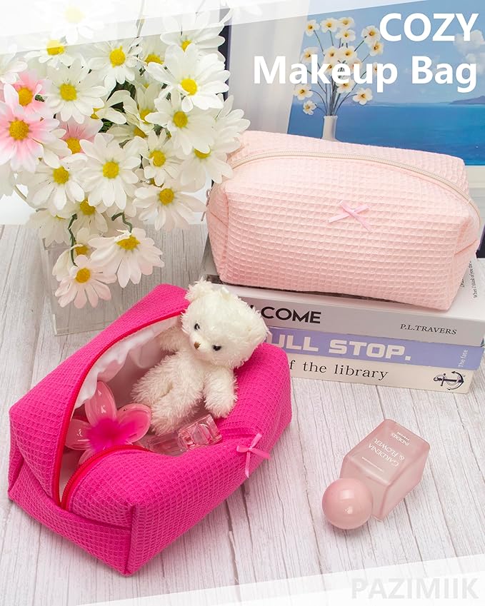 PAZIMIIK Cozy Makeup Bag for Women,Zipper Cosmetic Pouch,Waffle Hotpink