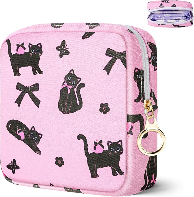 Tampon Holder for Purse, Canvas Period Bag Sanitary Napkin Storage Bag for Girls Womens, Portable Feminine Emergency Pad Period Pouch(Bow-Tie Black Cat)