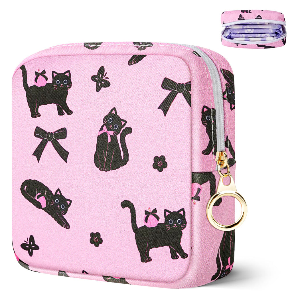 Likesing Tampon Holder for Purse, Canvas Period Bag Pouch-Bow Tie Black Cat