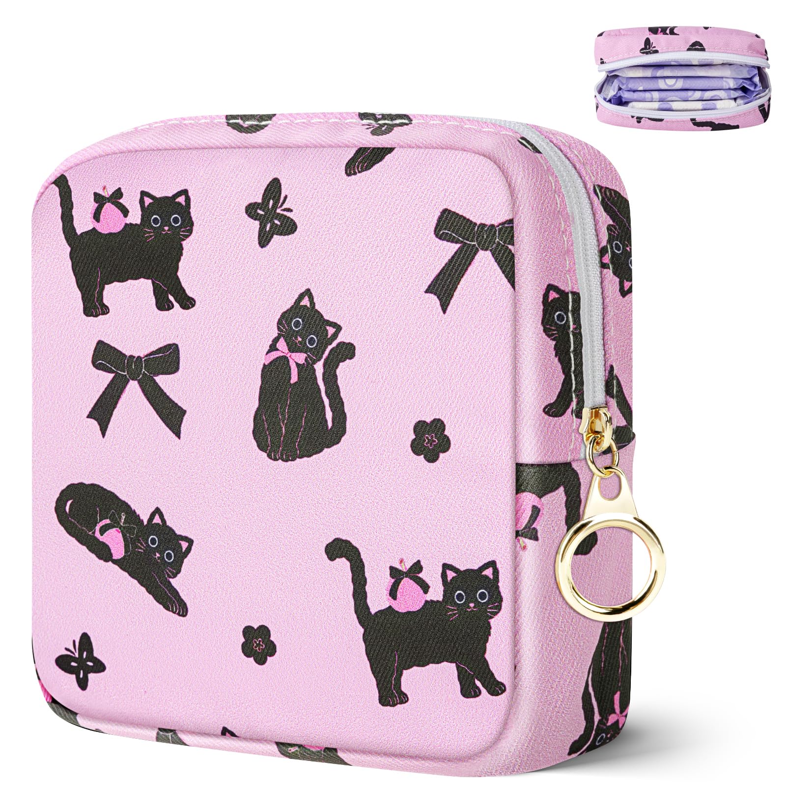 Likesing Tampon Holder for Purse, Canvas Period Bag Pouch-Bow Tie Black Cat