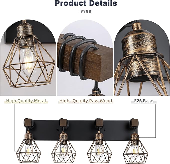 Farmhouse Bathroom Vanity Light Fixtures, 4-Light Black Gold Bathroom Light Fixtures Over Mirror, Rustic Wood Sconces Wall Lighting with Elegant Metal Lampshade for Living Room, Bedroom, Hallway