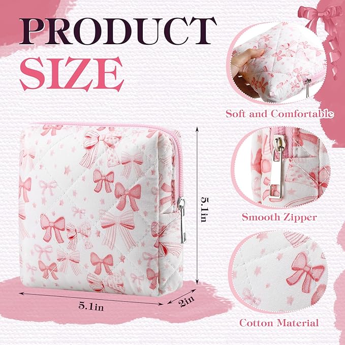Paterr 4 Pcs Mini Quilted Floral Makeup Bag Pink Bow Cosmetic Bag Small Coquette Quilted Pouch with Zipper Cute Kawaii Cotton Travel Toiletry Bags Girls for Back to School Teacher Students Gifts