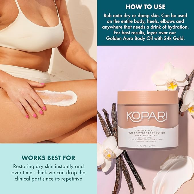 Kopari Ultra Restore Body Butter, Whipped Lightweight Formula, Hyaluronic Acid & Mango Butter, Deep Long-Lasting Moisture, Guava 7.7 oz