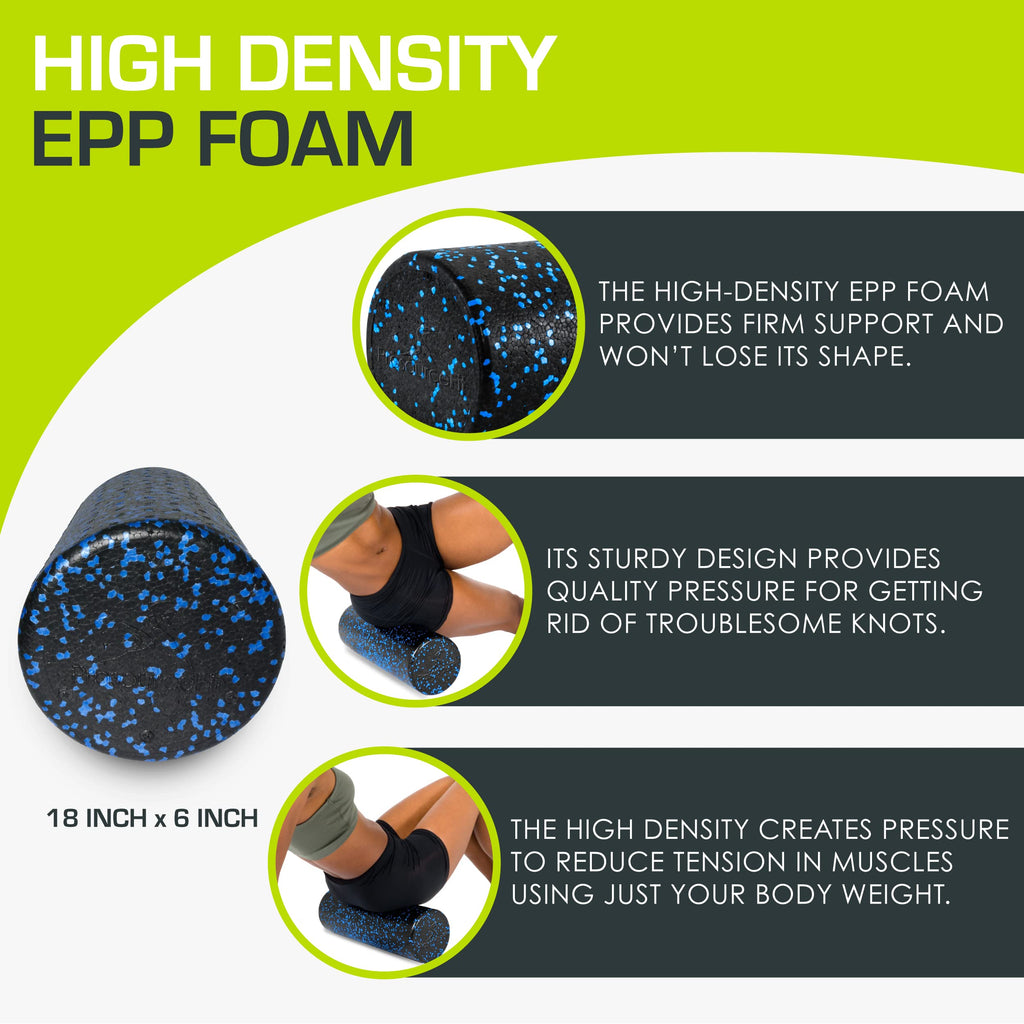 ProsourceFit High Density Foam Rollers 18 - inches long, Firm Full Body Athletic Massage Tool for Back Stretching, Yoga, Pilates, Post Workout Muscle Recuperation, Black/Blue