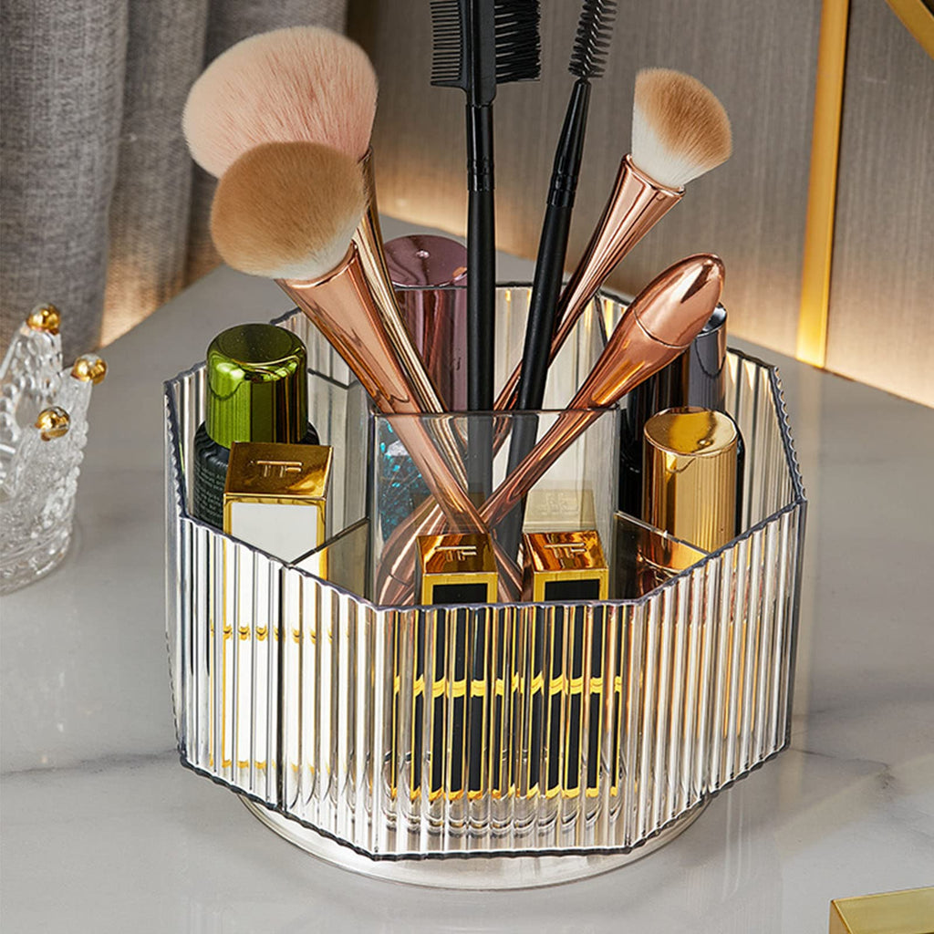 LINFIDITE 360°Rotating Makeup Brush Holder Cosmetic Display Case Clear Makeup Lip Gloss Organizer Case with 5 Slots Round Turntable Storage Tray for Vanity, Bathroom, Counter Organizer Clear White